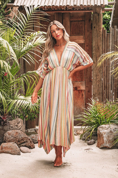Pink Multi Stripe Kimono Sleeve Midi Dress