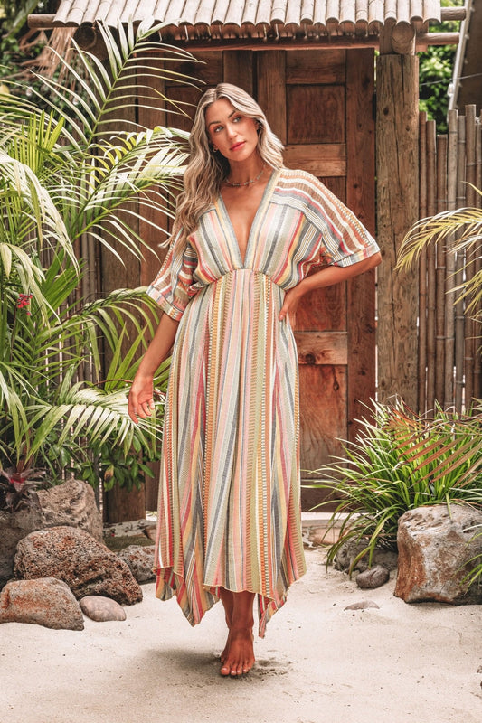 Pink Multi Stripe Kimono Sleeve Midi Dress