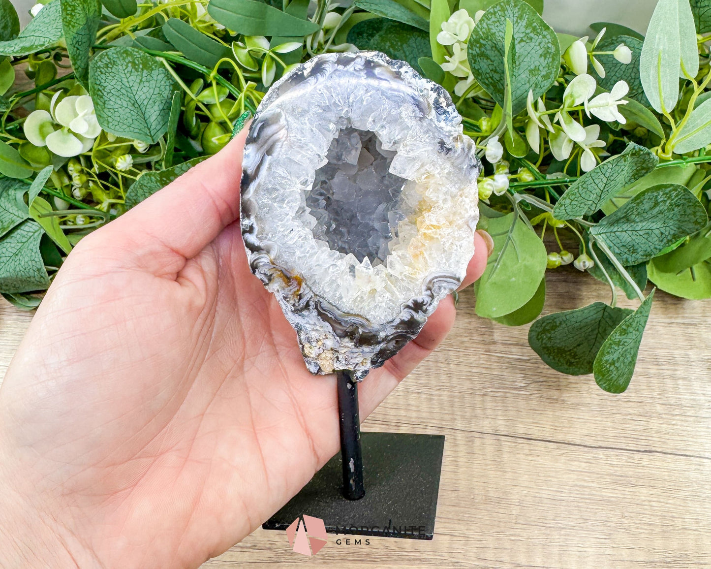 Polished Geode Slice on Metal Stand No 3 – 5.3" Tall Display Specimen for Grounding, Balance & Home Decor