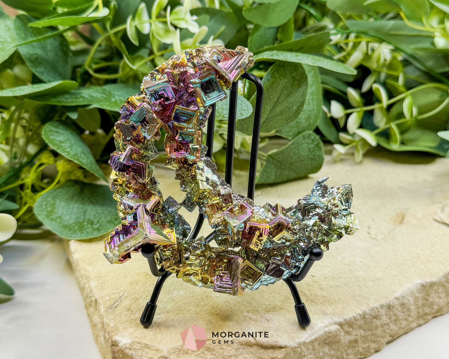 Rainbow Bismuth Moon Sculpture with Stand – Iridescent Crystal Crescent for Display, Altar & Energy Work 🌙✨