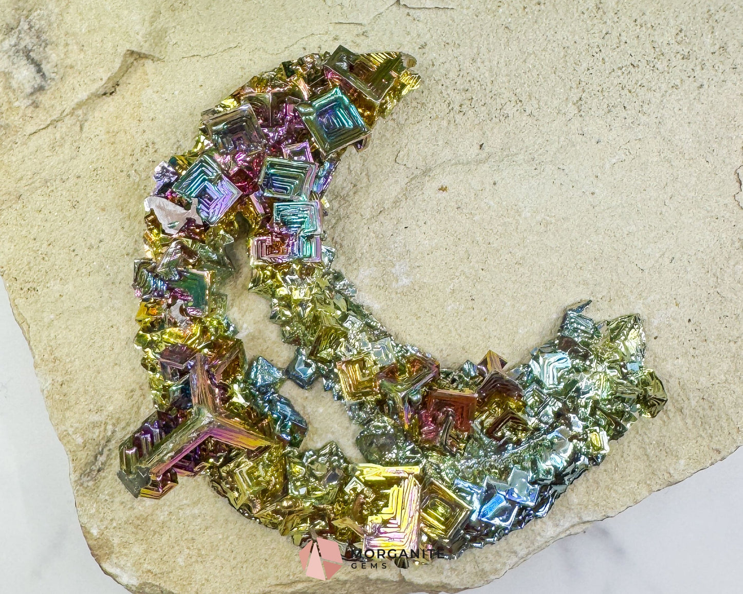 Rainbow Bismuth Moon Sculpture with Stand – Iridescent Crystal Crescent for Display, Altar & Energy Work 🌙✨