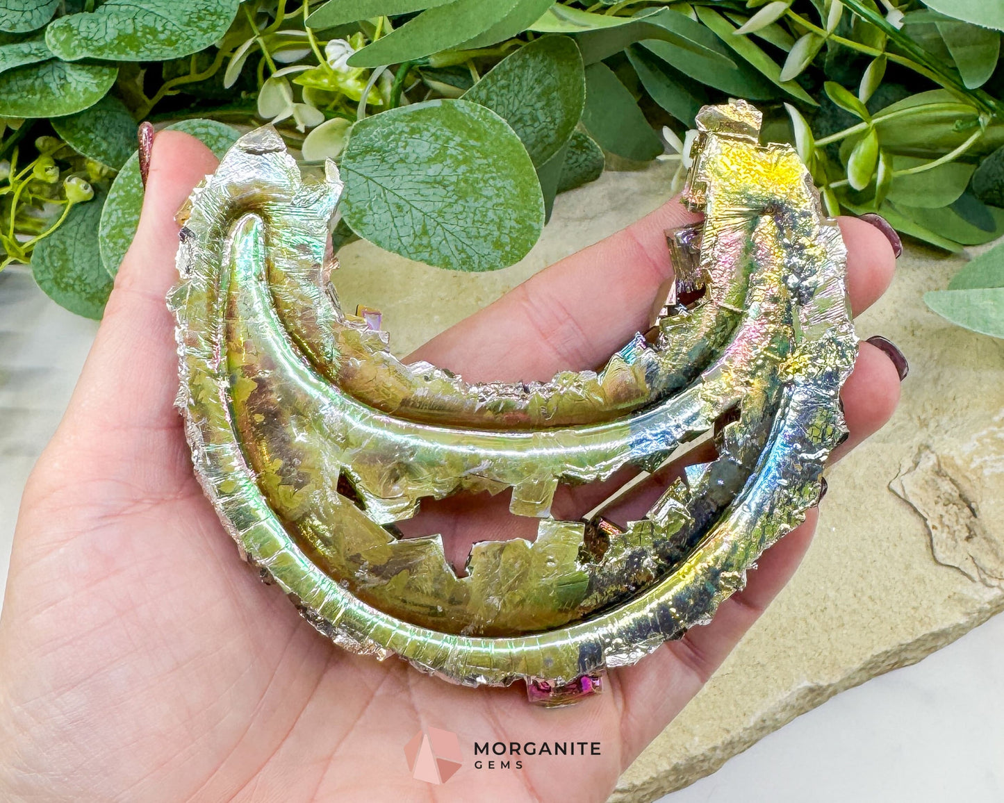 Rainbow Bismuth Moon Sculpture with Stand – Iridescent Crystal Crescent for Display, Altar & Energy Work 🌙✨