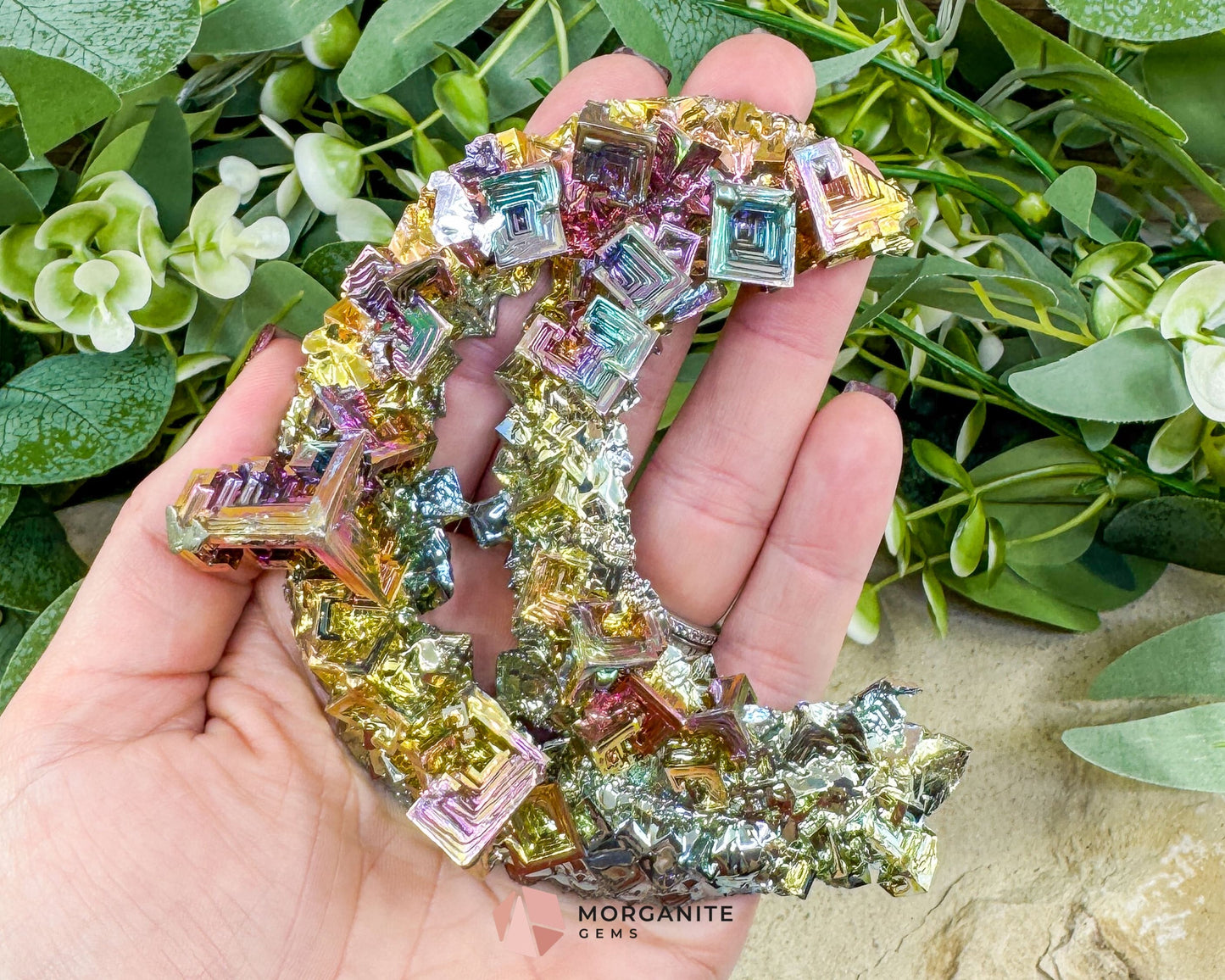 Rainbow Bismuth Moon Sculpture with Stand – Iridescent Crystal Crescent for Display, Altar & Energy Work 🌙✨