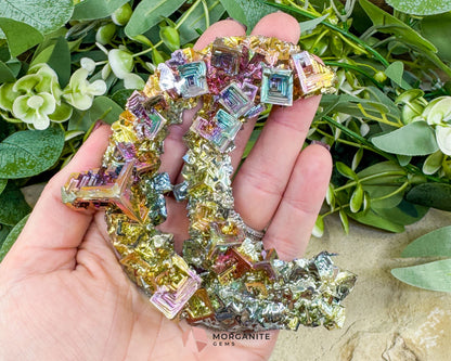 Rainbow Bismuth Moon Sculpture with Stand – Iridescent Crystal Crescent for Display, Altar & Energy Work 🌙✨