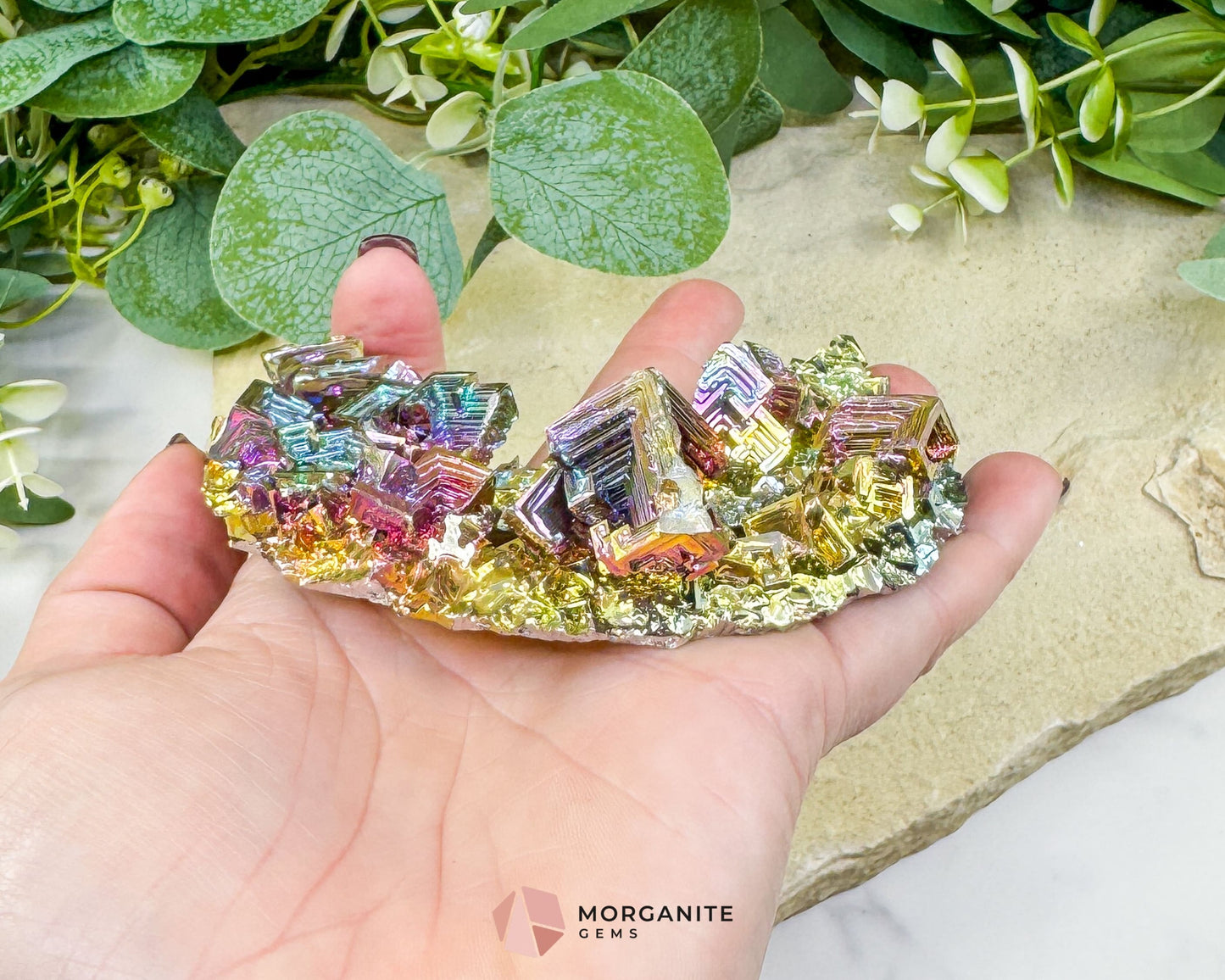 Rainbow Bismuth Moon Sculpture with Stand – Iridescent Crystal Crescent for Display, Altar & Energy Work 🌙✨