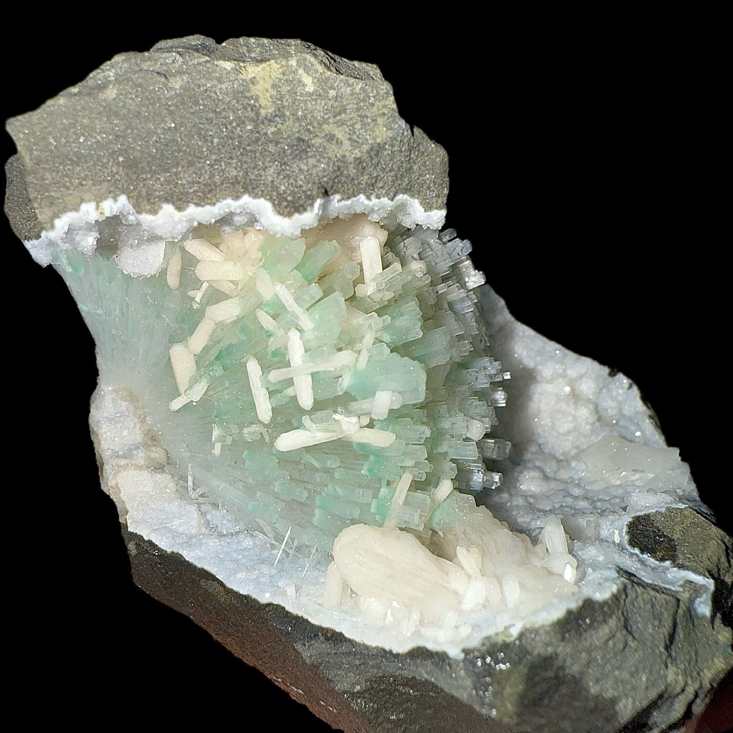 RARE Green Natrolite with Stilbite on Chalcedony | SELF STANDING | Indian Mineral | Superb Minerals | Rare Minerals | Collectors Piece