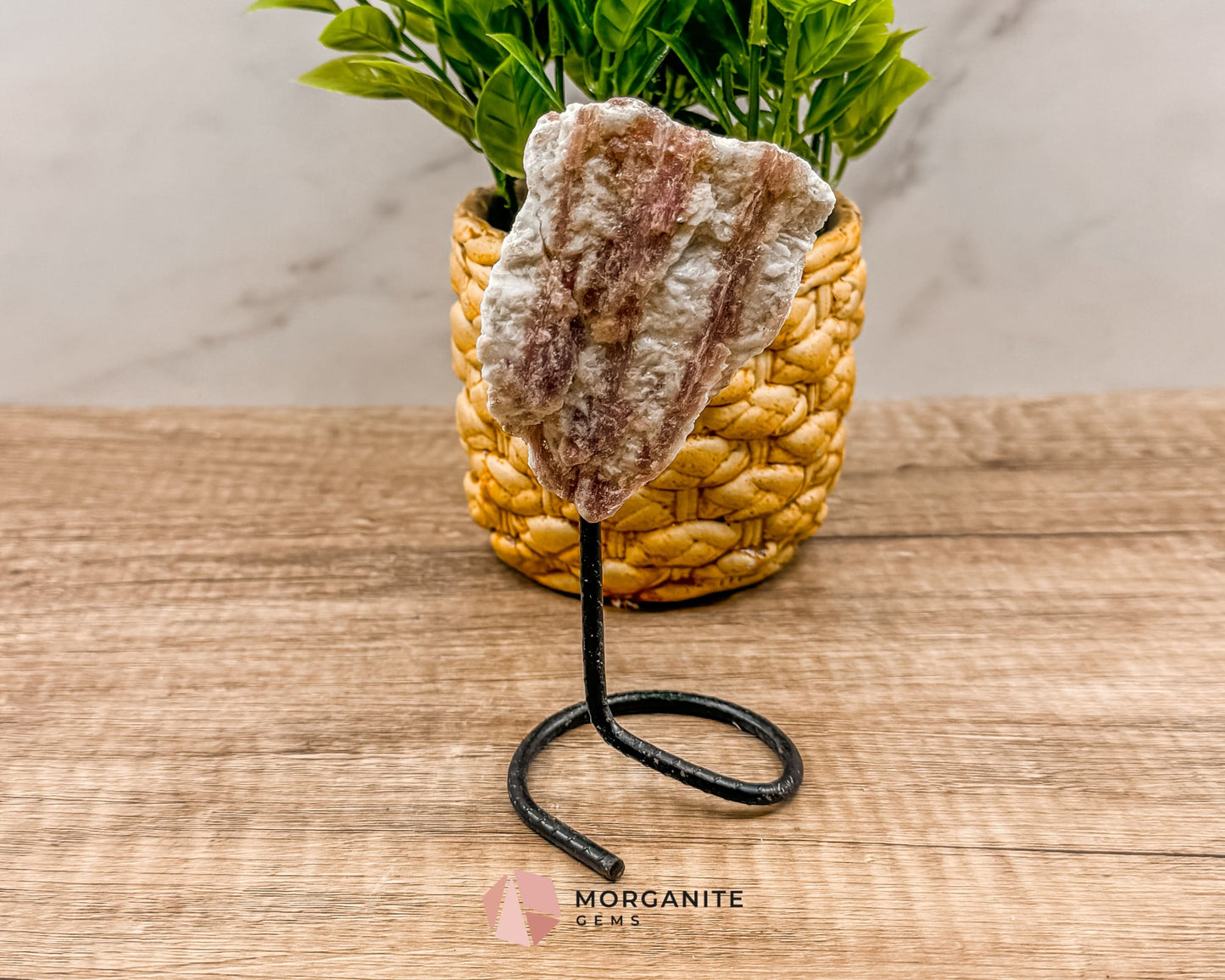 Raw Pink and White Tourmaline on Metal Stand – Healing Crystal for Love, Balance & Emotional Support