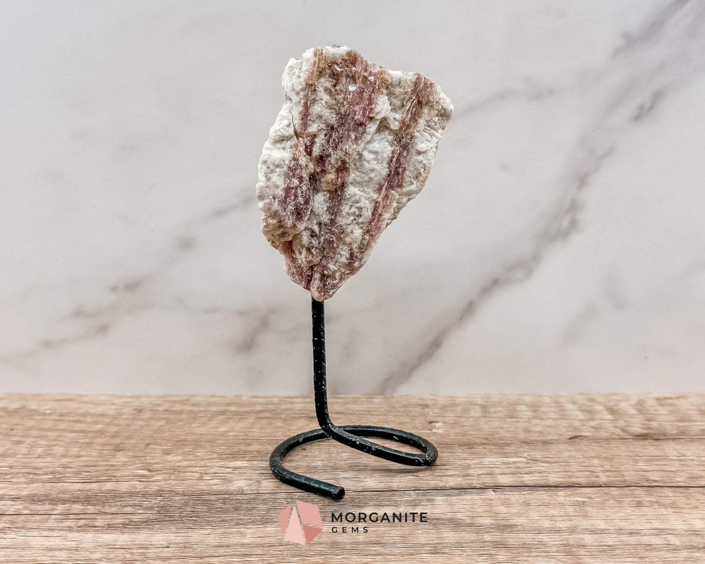 Raw Pink and White Tourmaline on Metal Stand – Healing Crystal for Love, Balance & Emotional Support