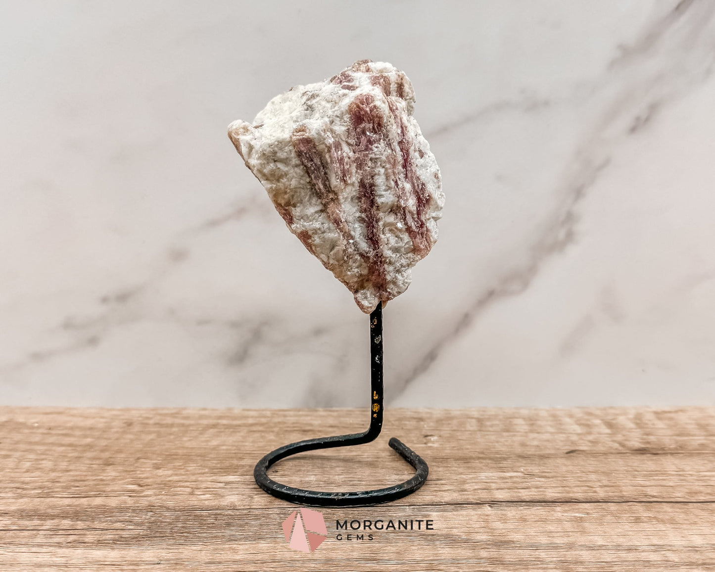 Raw Pink and White Tourmaline on Metal Stand – Healing Crystal for Love, Balance & Emotional Support