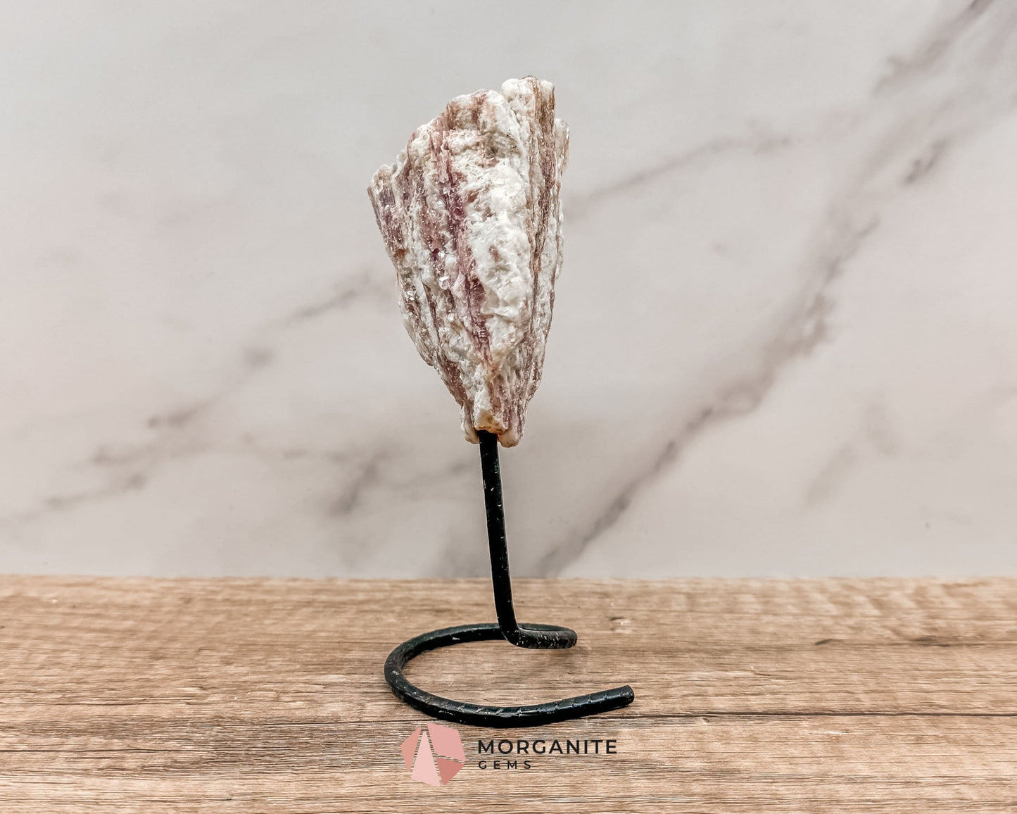Raw Pink and White Tourmaline on Metal Stand – Healing Crystal for Love, Balance & Emotional Support