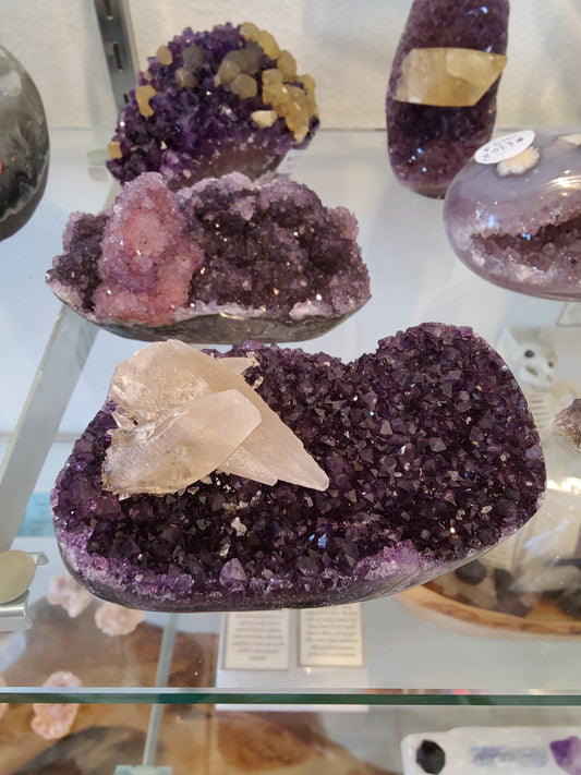 Amethyst with Calcite Crystal Inclusions Geode Sculpture