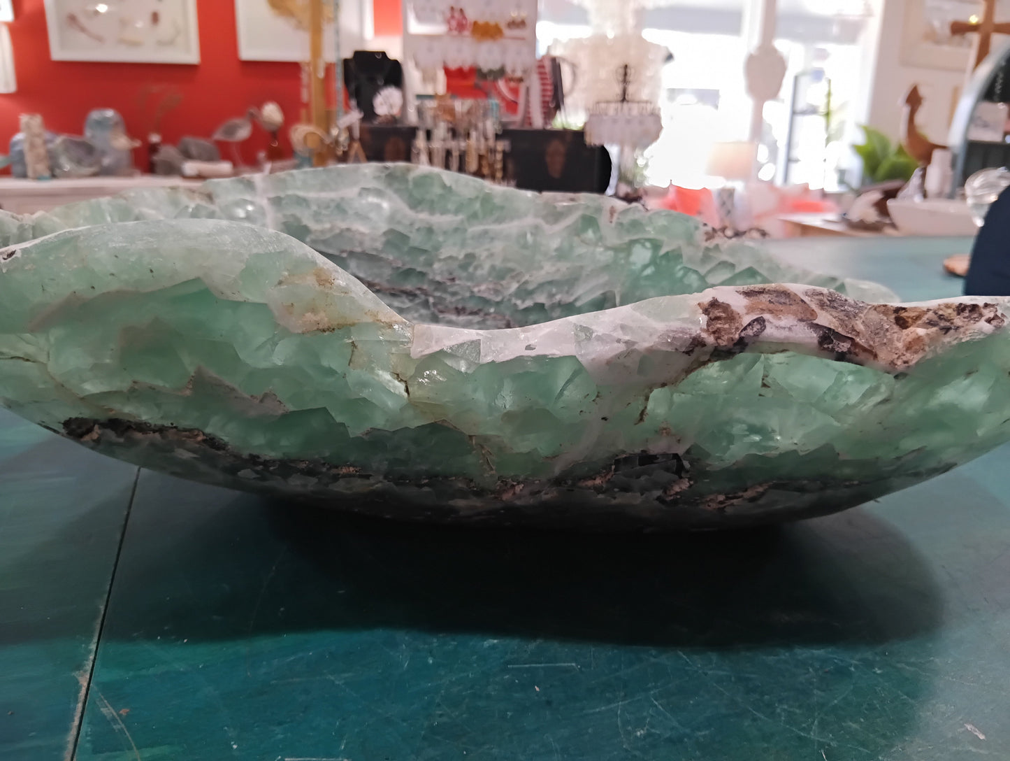 Carved Fluorite Bowl – Natural Green & Purple Crystal Display – 14.5" Decorative Stone Centerpiece