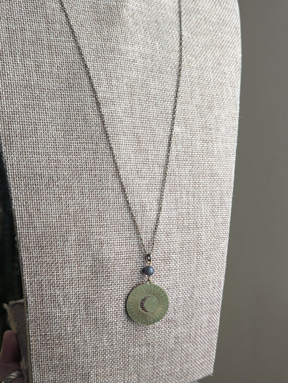 Crescent Moon Brass Talisman Necklace – Labradorite Accent, 24” Chain