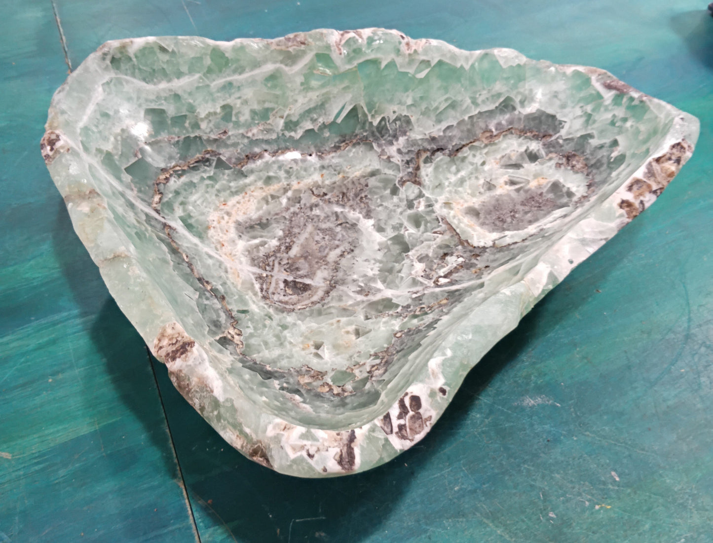 Carved Fluorite Bowl – Natural Green & Purple Crystal Display – 14.5" Decorative Stone Centerpiece