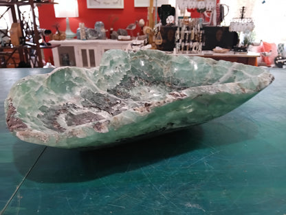 Carved Fluorite Bowl – Natural Green & Purple Crystal Display – 14.5" Decorative Stone Centerpiece