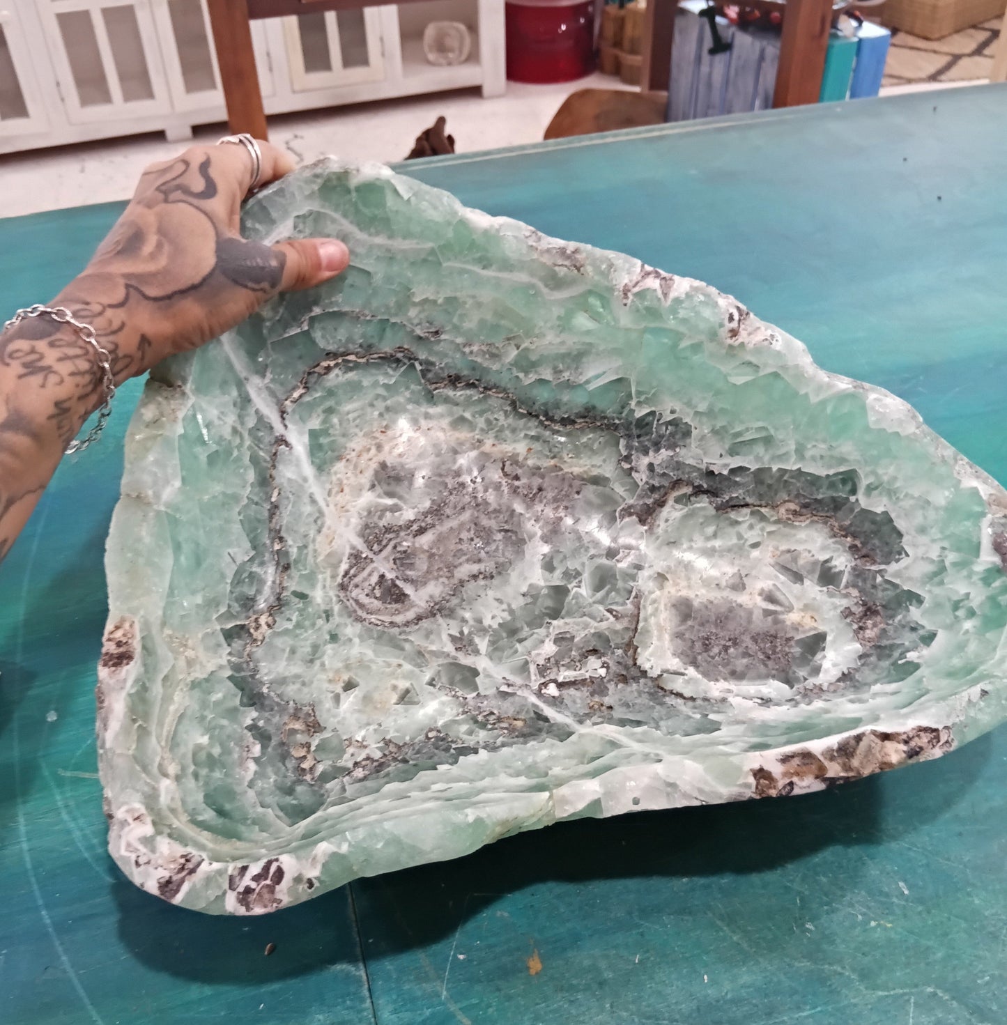 Carved Fluorite Bowl – Natural Green & Purple Crystal Display – 14.5" Decorative Stone Centerpiece