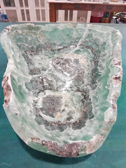 Carved Fluorite Bowl – Natural Green & Purple Crystal Display – 14.5" Decorative Stone Centerpiece