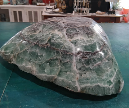 Carved Fluorite Bowl – Natural Green & Purple Crystal Display – 14.5" Decorative Stone Centerpiece