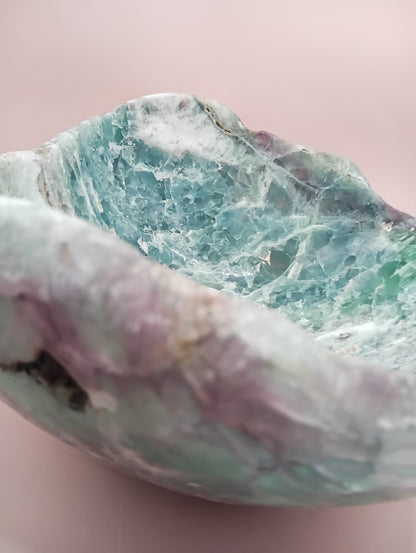 Carved Natural Fluorite Bowl – 11.75" x 5.5" x 10.5" – Handcrafted Gemstone Decor