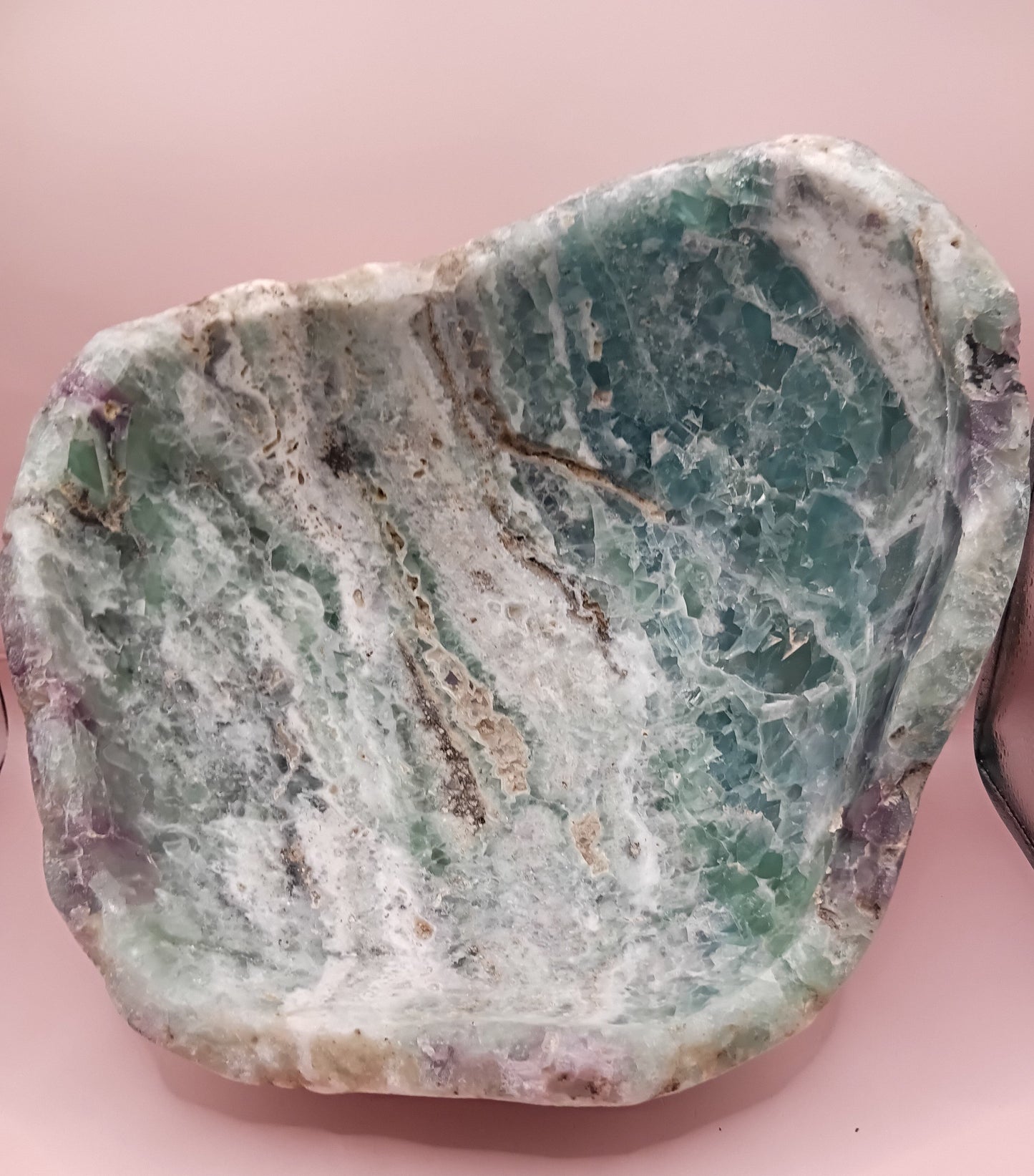 Carved Natural Fluorite Bowl – 11.75" x 5.5" x 10.5" – Handcrafted Gemstone Decor