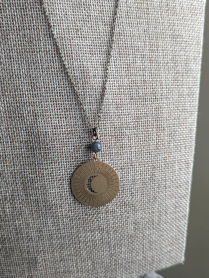 Crescent Moon Brass Talisman Necklace – Labradorite Accent, 24” Chain
