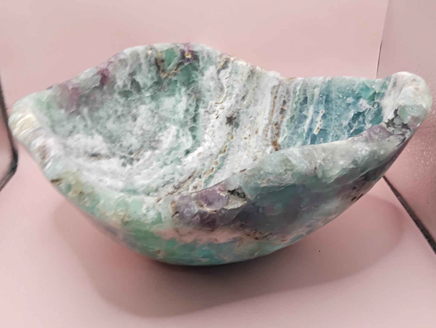 Carved Natural Fluorite Bowl – 11.75" x 5.5" x 10.5" – Handcrafted Gemstone Decor