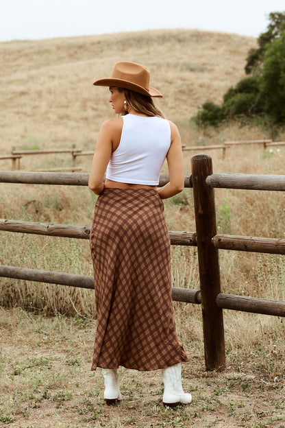 Saddle Ridge Brown Plaid Maxi Skirt