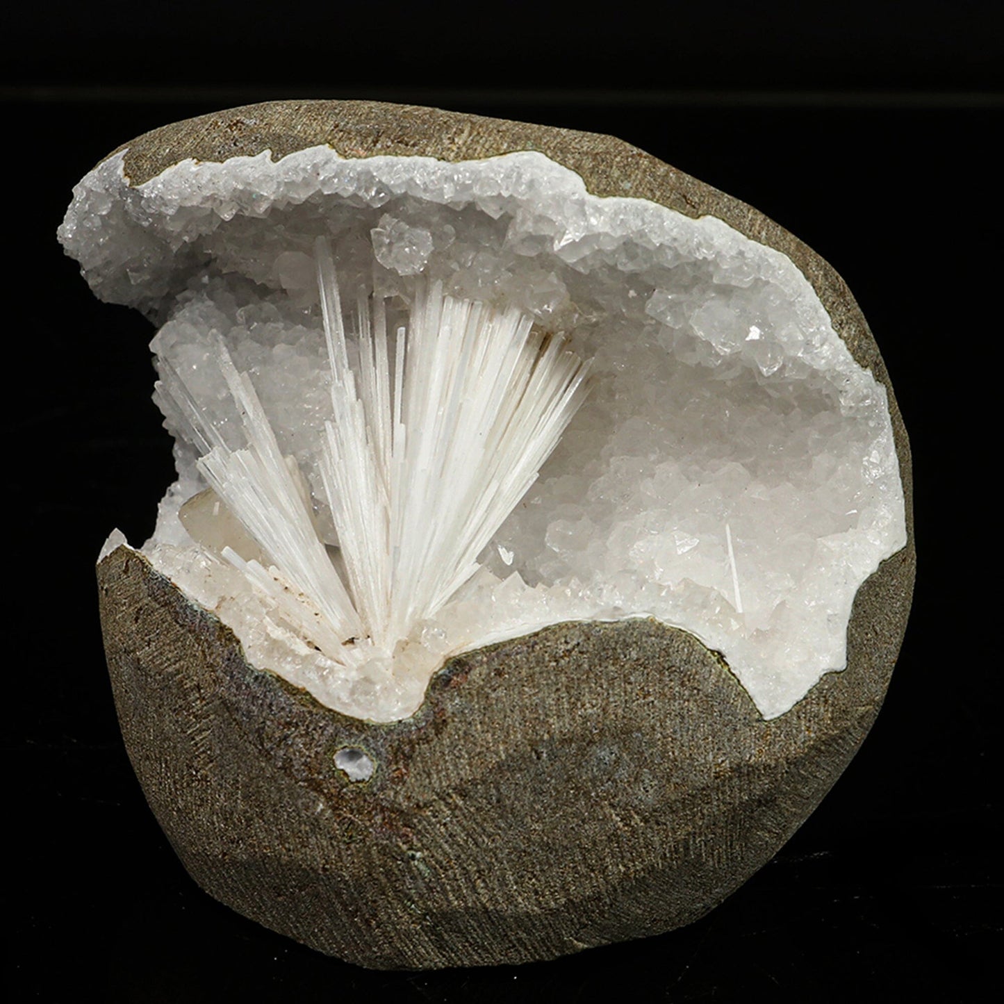 Scolecite in MM Quartz Geode Natural Mineral Specimen # B 6768