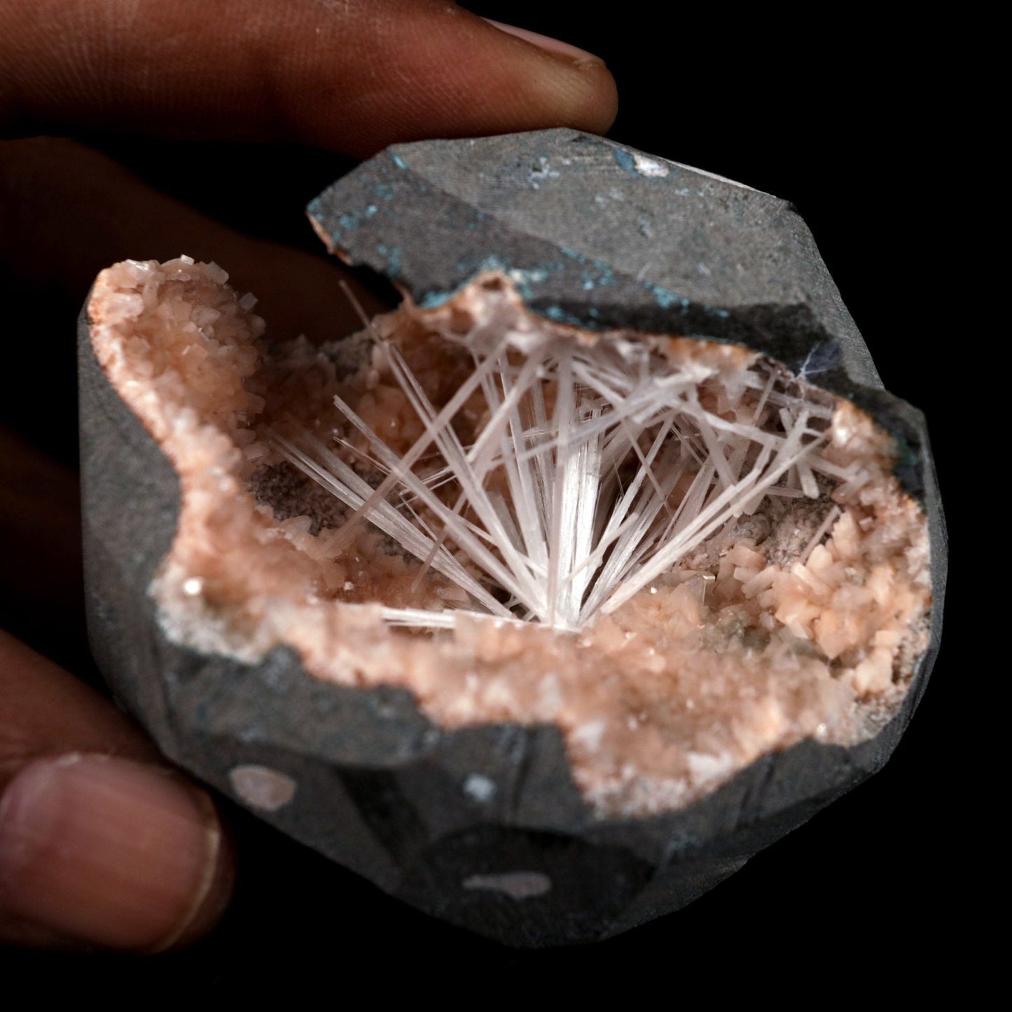 Scolecite Sprays Inside Heulandite Geode Natural Mineral Specimen  # B 4881