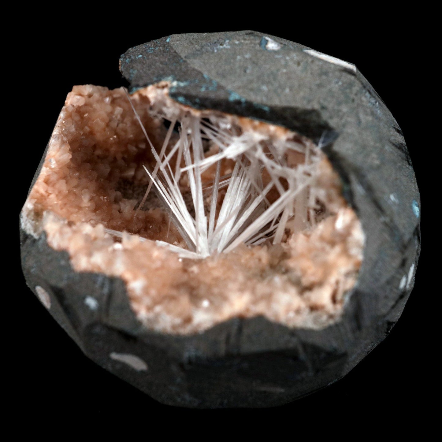 Scolecite Sprays Inside Heulandite Geode Natural Mineral Specimen  # B 4881