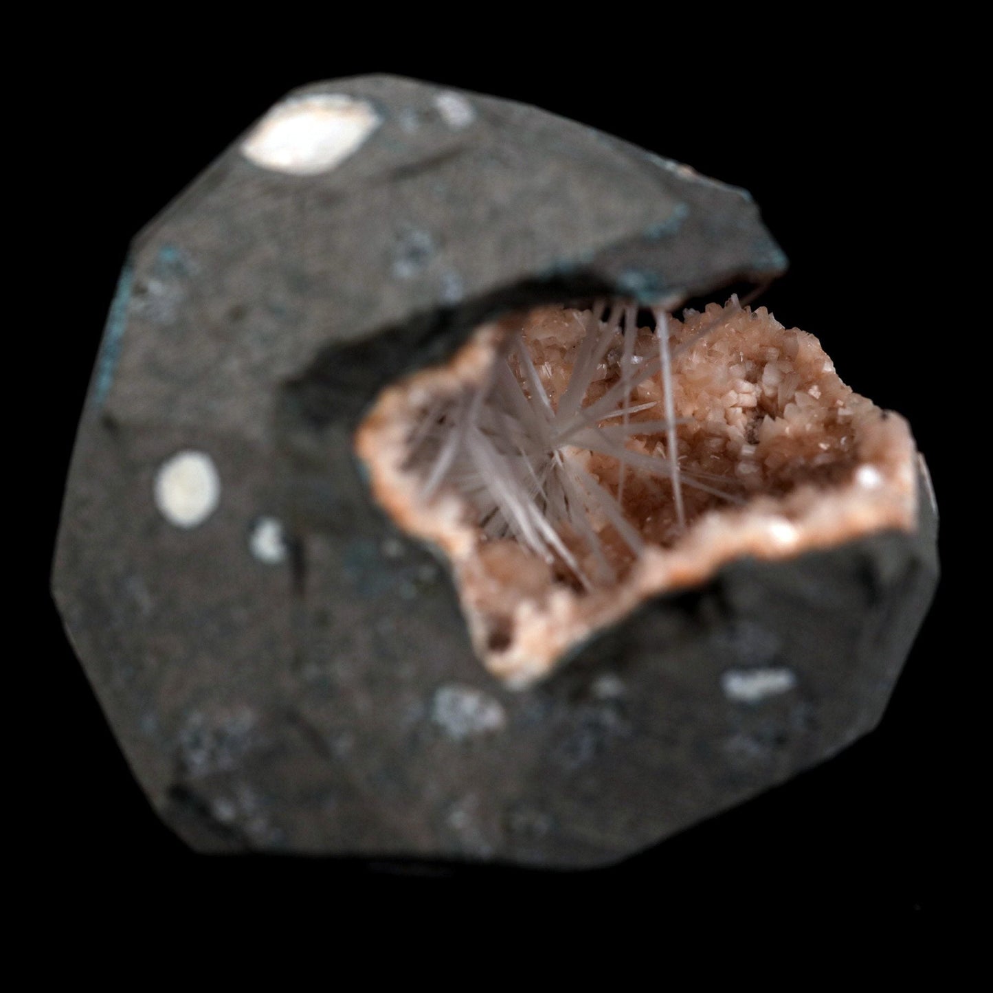 Scolecite Sprays Inside Heulandite Geode Natural Mineral Specimen  # B 4881