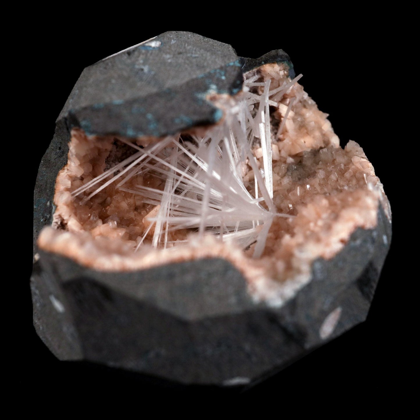 Scolecite Sprays Inside Heulandite Geode Natural Mineral Specimen  # B 4881