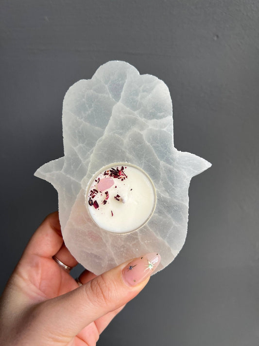Selenite Hamsa Candle Holder – 5” x 3.5”