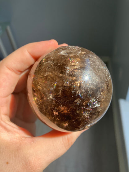 Smoky Quartz Sphere – 65mm Crystal Ball with Rainbows