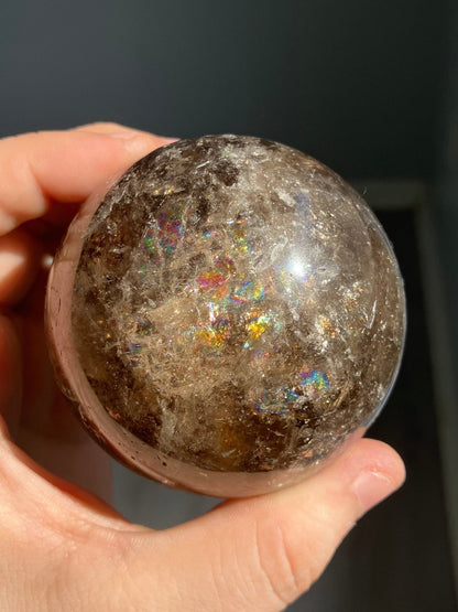 Smoky Quartz Sphere – 65mm Crystal Ball with Rainbows