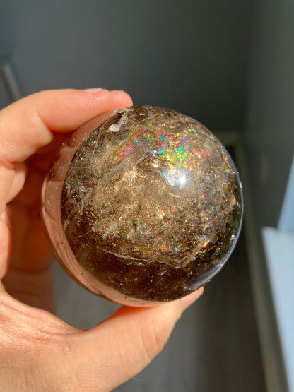 Smoky Quartz Sphere – 65mm Crystal Ball with Rainbows