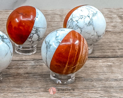 Stone Pokémon Ball in Howlite and Red Jasper – Unique Crystal Ball for Calm, Strength & Collectors