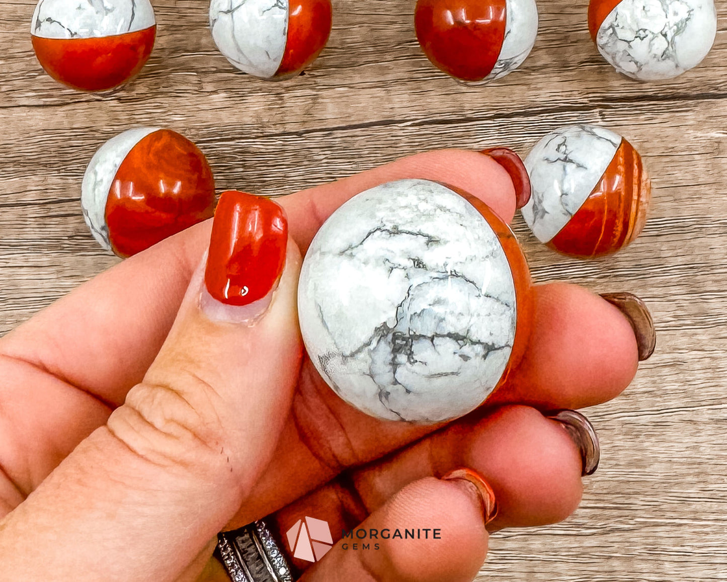 Stone Pokémon Ball in Howlite and Red Jasper – Unique Crystal Ball for Calm, Strength & Collectors