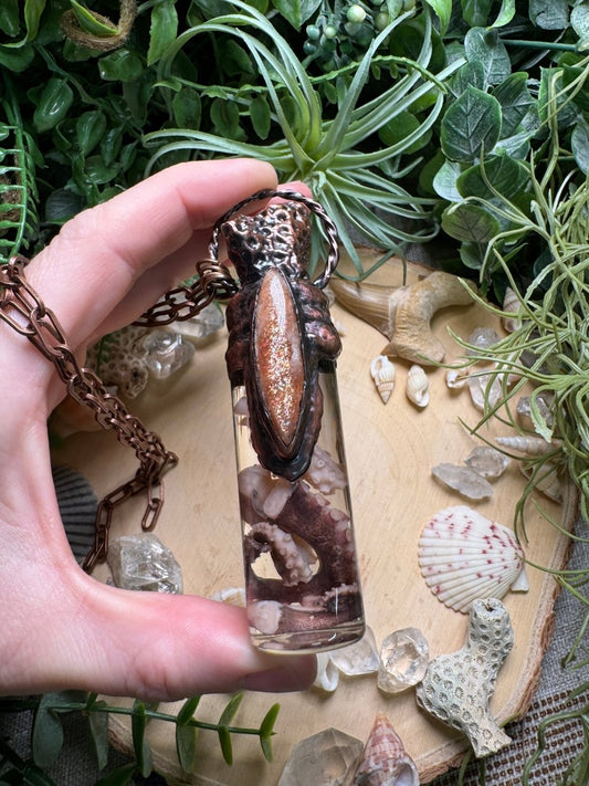 Sunstone, Coral, and Octopus Tentacle Oddity Vial Necklace