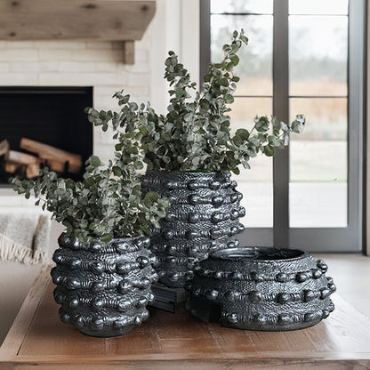 Handcrafted Textured Outdoor Matte Black Planters, Set of 3