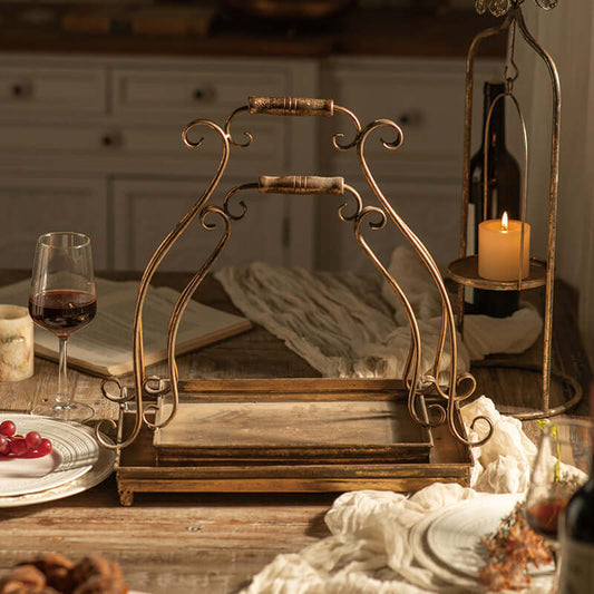 Vintage-Inspired Antique Gold Metal Serving Tray Set