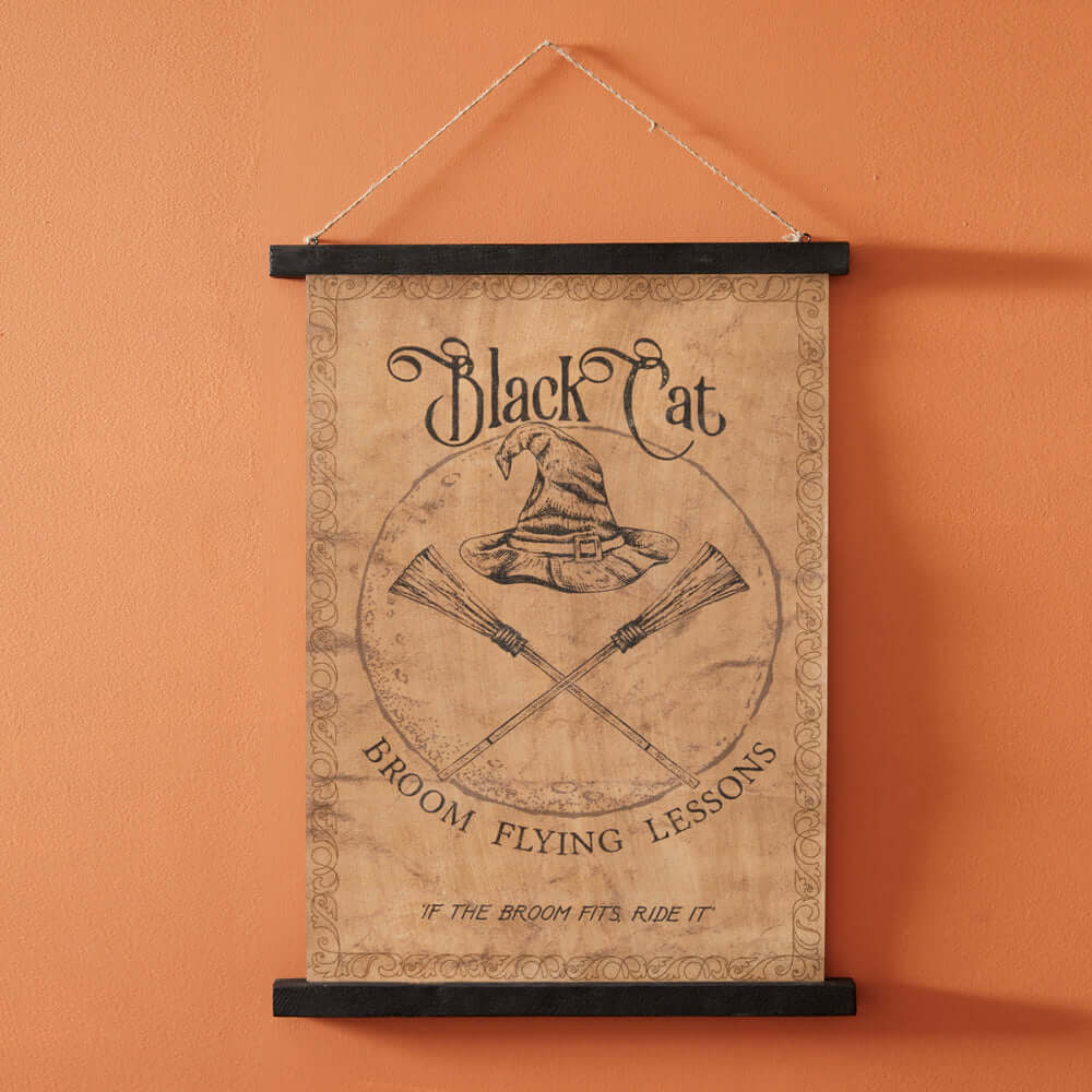 Vintage Halloween Black Cat Broom Flying Lessons Wall Art