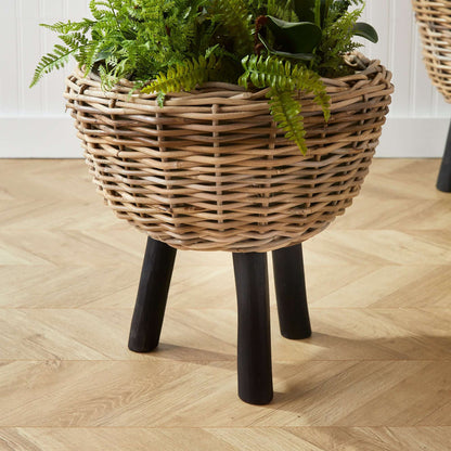Woven Rattan Planter with Plastic Pot and Wood Legs