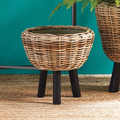 Woven Rattan Planter with Plastic Pot and Wood Legs
