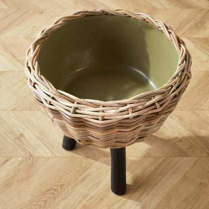 Woven Rattan Planter with Plastic Pot and Wood Legs