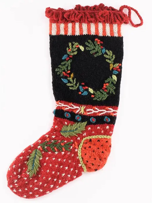 Wreath - Wool Knit Christmas Stocking